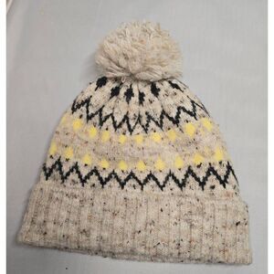 Beige & Yellow Fair Isle Pom-Pom Knit Beanie Hat 49% Recycled Polyester